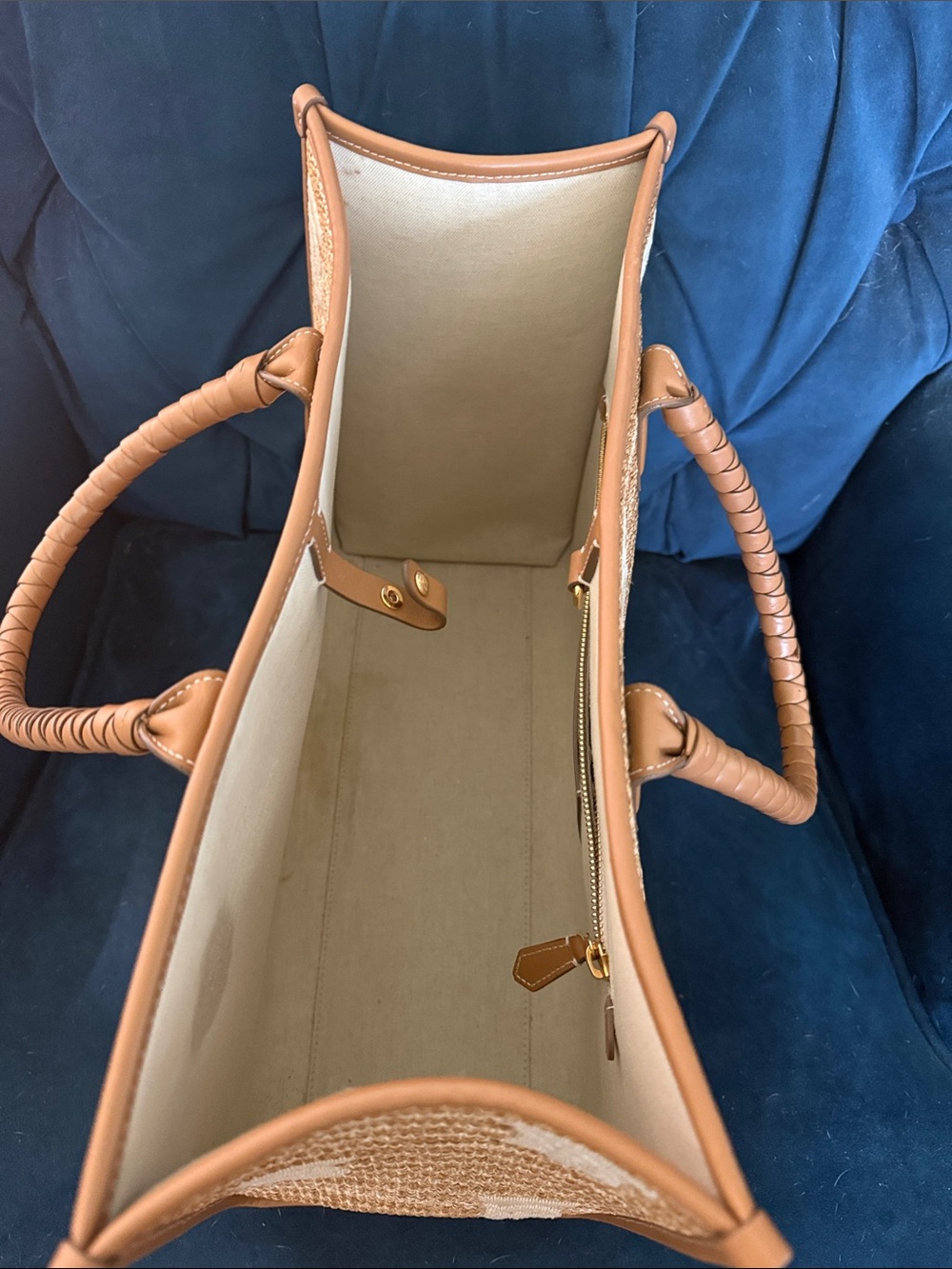Burberry Freya Tan Large Raffia Tote with Cream TB Monogram - Picture 2 of 5